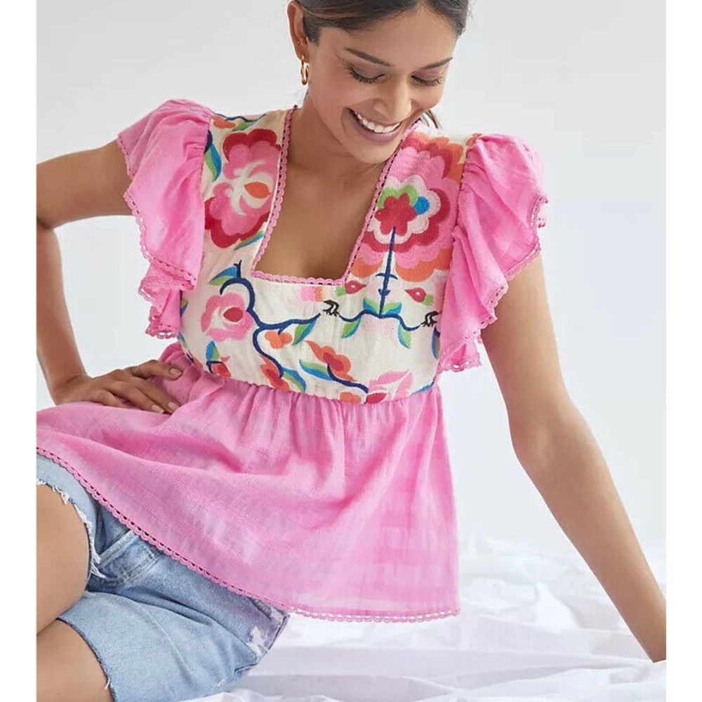 NEW Plenty by Tracy Reese Pink Babydoll Embroidered Blouse